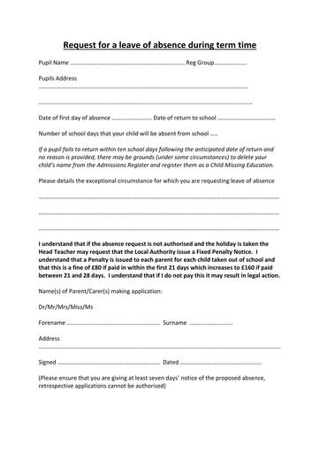 Request for a leave of absence during term time PDF